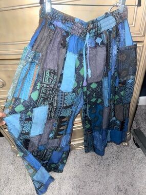 KiraT Boho Patchwork Pleated Wide leg pant Shades of blue